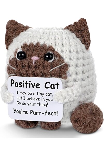 GENERAL Handmade Positive Brown Cat Mini Crochet Doll with Inspirational Card...