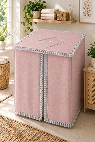 EBRUTESETTÜR Dantel Detaylı Çamaşır Makinesi Örtüsü Pembe
