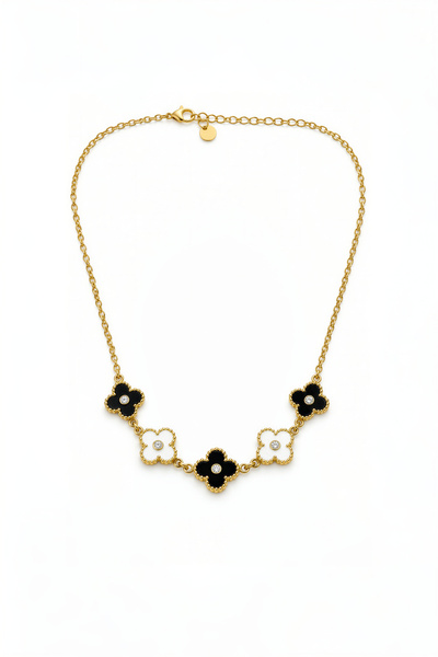 JewelsofHope Stainless Steel Black and White Clover Detailed Stone Women's Ne...
