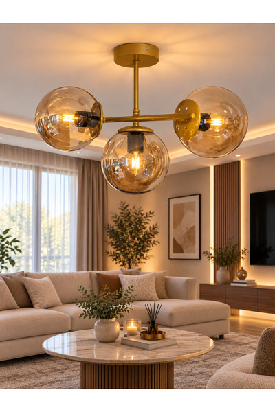 Ömür Avize diego 3lü globe camlı eskitme gold kasa avize