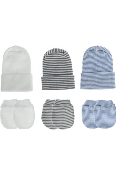 Generic Newborn Baby Cap and Mittens Set, 3 Pairs Each, White Grey Blue Strip...