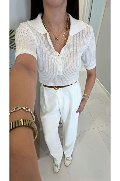 BİRCANÇİL Vohes Ecru Glittery Polo Neck Short Sleeve Knitwear