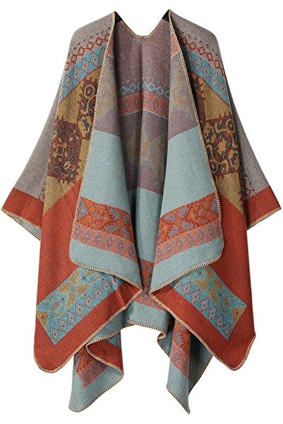 Tazweeq Women's Color Block Shawl Wrap, Open Front Poncho Cape, Long Winter C...