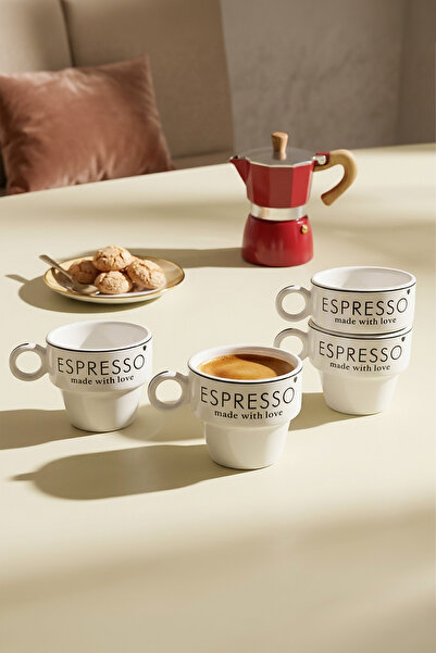 Kitchen Life 4'lü Stackable Espresso Porselen Kahve Fincan Seti 120 ml