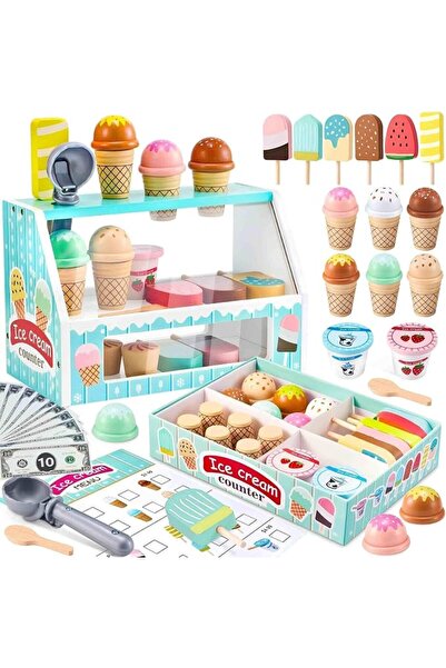 XICEN Wooden Ice Cream Play Set, Kids Pretend Kitchen Shop Toy with Scoop, Me...
