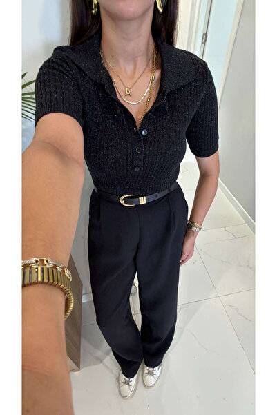 BİRCANÇİL Vohes Black Glitter Polo Neck Short Sleeve Knitwear