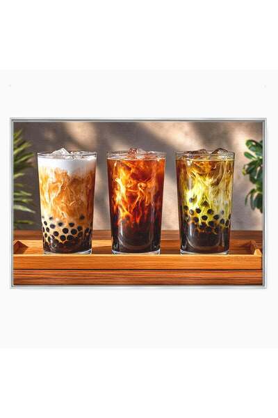 Luxcanva Tablou Canvas Trio De Bubble Tea 70x50 cm cu Rama Argintiu Bauturi B...