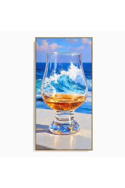 Luxcanva Tablou Canvas Pahar Cu Ocean 50x100 cm cu Rama Auriu Pahar Ocean Valuri