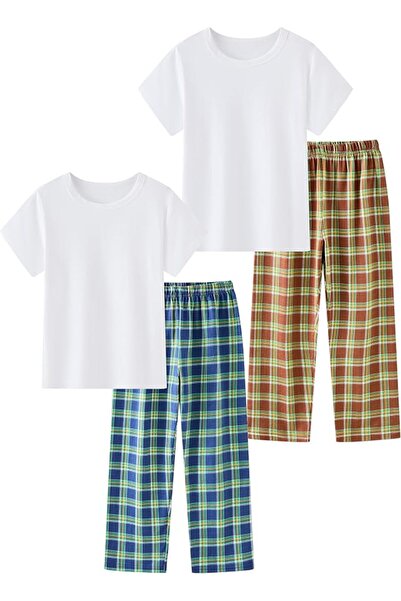 GENERAL Boys Pajamas Kids 4-Piece Girls Sleepwear Set Solid Color Top Tartan ...