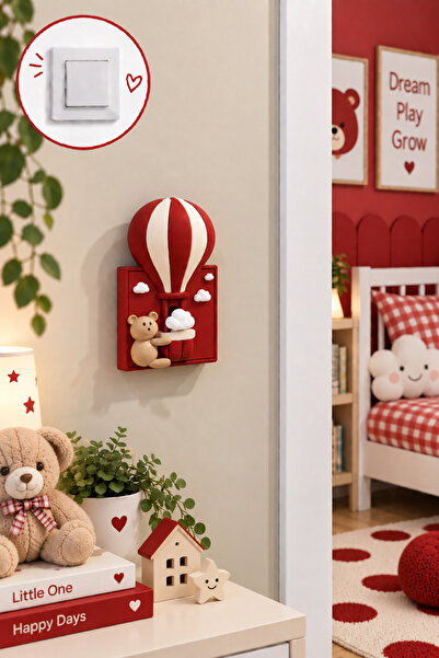 Uçan Balon Ayıcıklı Dekoratif Tekli Işık Anahtar Kapağı - Çocuk Odası Dekoru - Hediyelik 8,6 × 8,6 cm