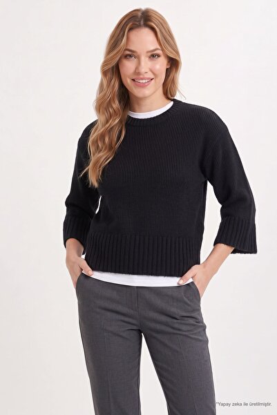 Tudors Women's Oversize Wide Cut Crew Neck Three-Quarter Sleeve Black Knitwea...