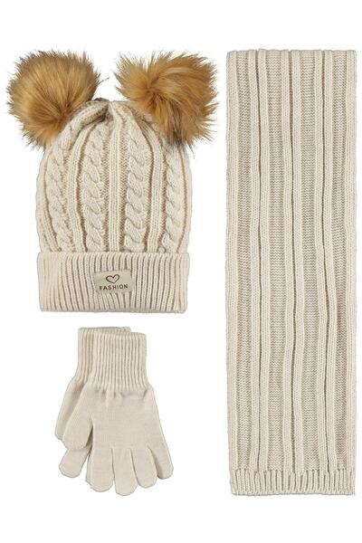 Civil Girls 6-9 Years Old Scarf, Beanie, Glove Set - Beige