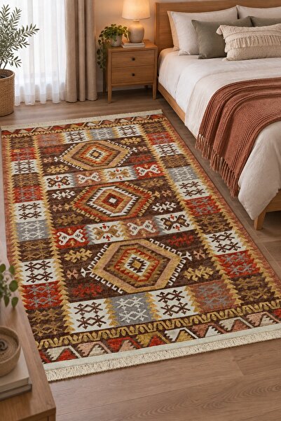 Safir Şönil Çift Taraflı Etnik Desenli Kilim – Renkli Özel Tasarım, Saçaklı, Makinede Yıkanabilir Dokuma Kilim | Salon, Mutfak, Yatak Odası, Oturma Odası, Banyo