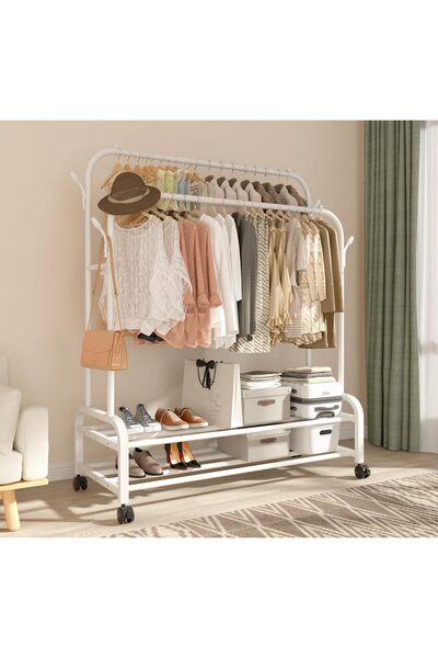 Ararico Metal Double Rod Garment Rack with Wheels, Shelves & Hooks, Heavy Dut...