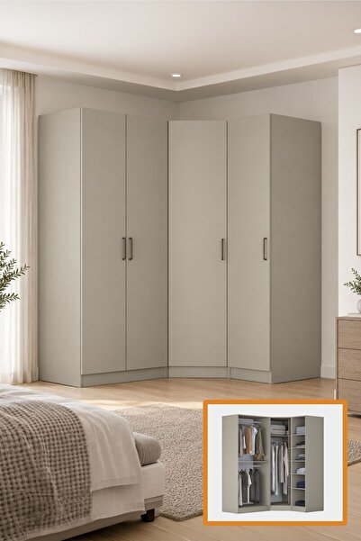 Rani Mobilya Rani BA389 Modüler Köşe Gardırop 4 Kapaklı Raflı Askılı Elbise D...