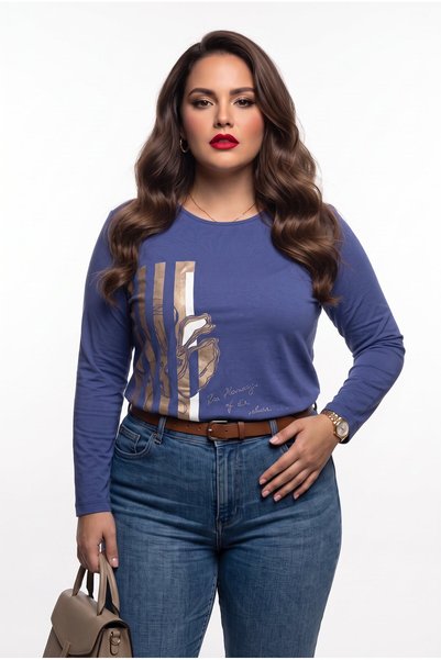 Vedi -bb Kadın Büyük Beden Bisiklet Yaka Uzun Kollu Baskılı T-Shirt 26XY7304