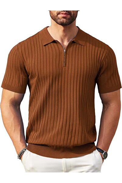 GENERAL Knitted Polo Collar T-Shirt Short Sleeve Zipper Casual Style Men's Go...
