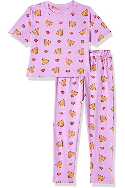 T2F Girls Cotton Printed Oversized Fit Crop Top and Pant Pajama Set