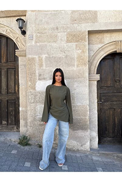 Lahzaa Kadın Haki Oversize V Kesim Rahat Tunik