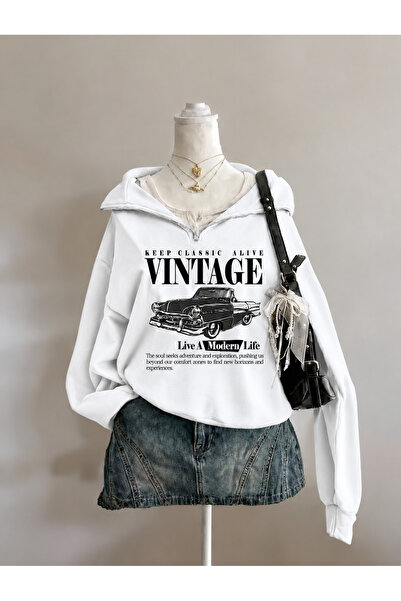 Revasser Unisex Erkek/Kadın VINTAGE DİK Özel Baskılı Renkli Dik Yaka Yarım Fe...