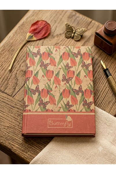 Hureggo Tulip and Butterfly Patterned Hardcover Kraft Notebook (20X14 Cm, 96 ...