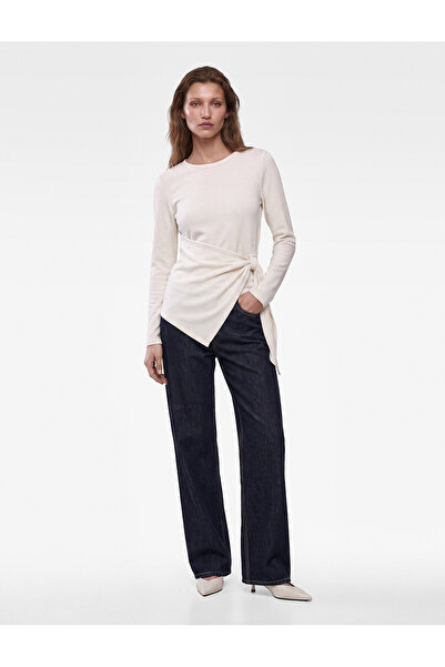 Koton Crew Neck Long Sleeve Slim Fit Draped Asymmetrical Tie Detail Soft Text...