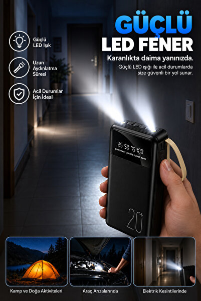 Abbruch 20000 mAh Powerbank Dahili Kablolu Hızlı Şarj Taşınabilir Şarj Cihazı LED Fenerli Dijital Göstergeli