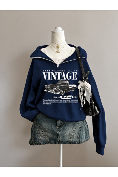 Revasser Unisex Erkek/Kadın VINTAGE DİK Özel Baskılı Renkli Dik Yaka Yarım Fe...