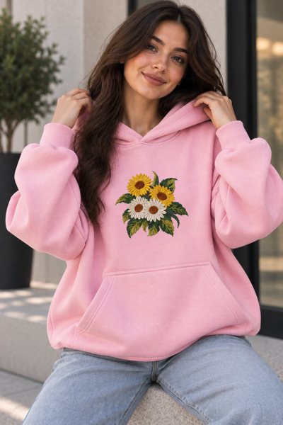 Rubonia Kadın Büyük Beden Oversize Kapüşonlu Sweatshirt Ayçiçeği Papatya Bask...