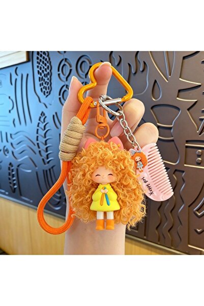 Choice Yellow Cute Dopamine Curly Hair Doll Keychain With Mini Comb With Lany...