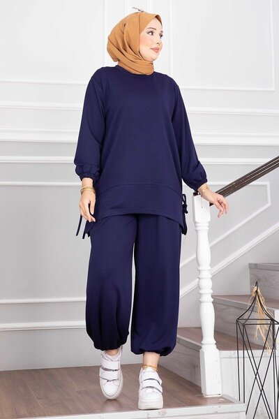 EBRUTESETTÜR Adjustable drawstring loose tunic pants set navy blue