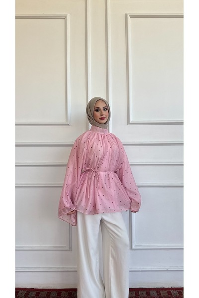 KEVRA Dökümlü Puantiyeli Yarasa Kol Şifon Bluz - Pembe