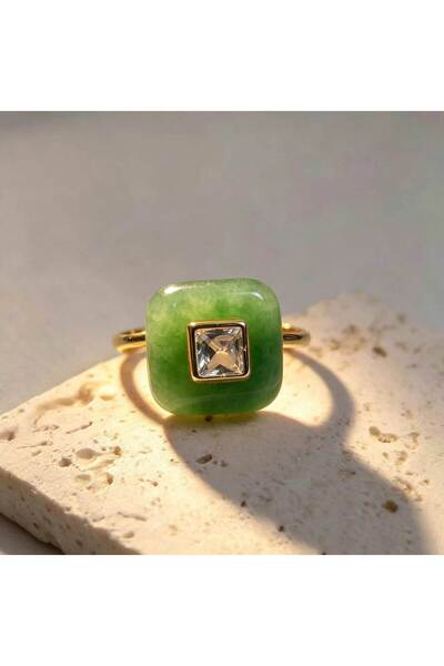 Choice Green Aventurine 1pc Natural Square Stone Ring With Zircon Paved Fine ...