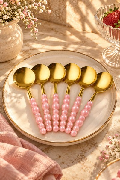 House Bird Set of 6 Pink Pearl Handle Gold Dinner Spoons Stylish Decorative Tableware Presentation Spoons