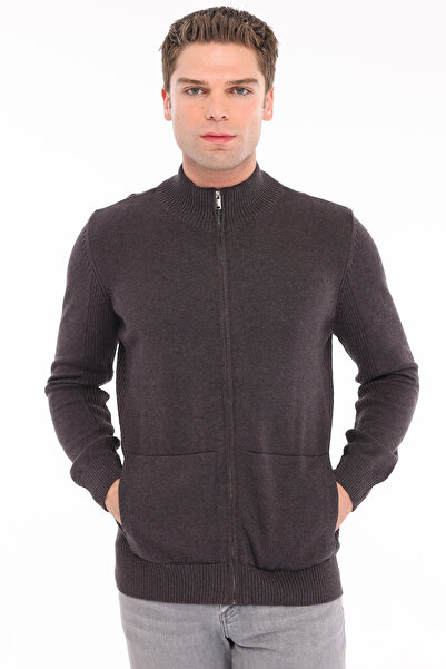 Trist Star Brown Men's 100% Cotton Plain Knit Ribbed Pocket Full Zipper Stand...