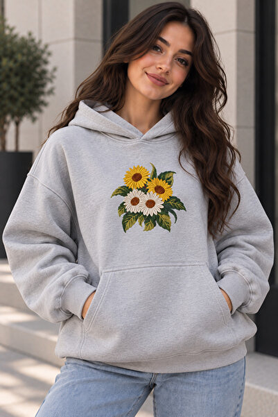 Rubonia Kadın Büyük Beden Oversize Kapüşonlu Sweatshirt Ayçiçeği Papatya Bask...