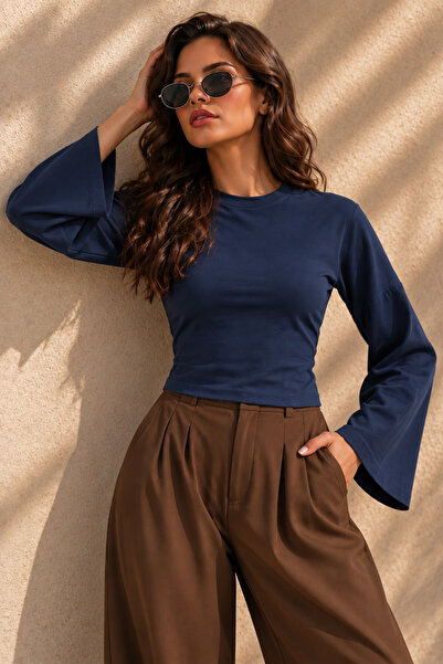 COMBİNE MİCHAİL Women's Knitted Slim Fit Elegant Navy Blue Blouse