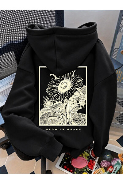Revasser Unisex Kadın/Erkek GROW Baskılı Özel Tasarım Oversize Pamuklu Kapüşo...