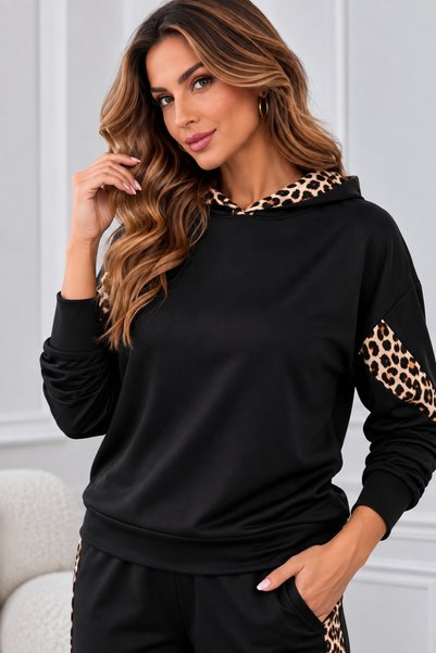 moda wanilia Women's Leopard Detailed Hooded Tracksuit Set High Waist Side Stripe Loose Leg Bottom Top Two-Piece Set