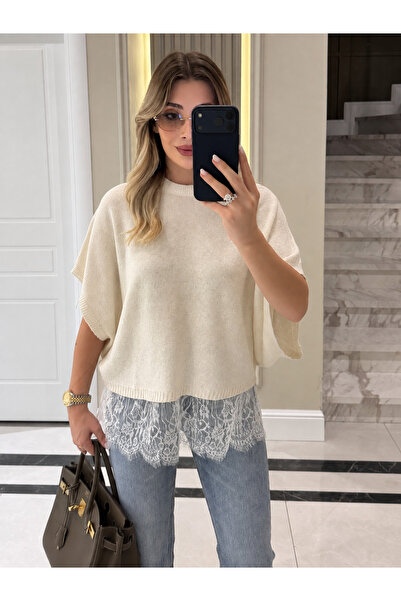 My Blog Ecru Lace Detailed Bat Pattern Knitwear Sweater - 261025