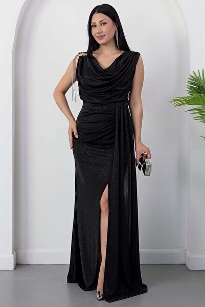 PULLIMM Shoulder-Accessory Glittery Cowl Neck Dress 39878