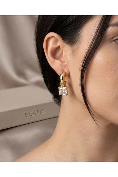 Beatis Gold Chunky Hoop Earrings with Square Zircon Stone Stylish Women's Earrings Aly-410