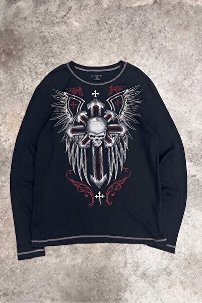 ARS Butik Siyah Gotik Skull Cross Motifli Dikiş Detaylı Y2K Unisex İnce Sweat...