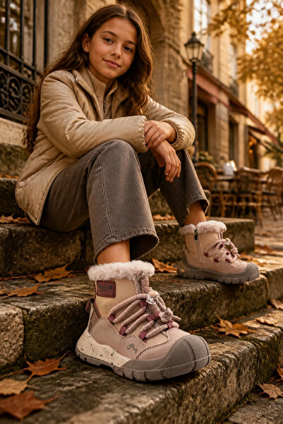 ByCukurovaFrango Anatomical Zippered Lace-Up Girls' Pink Casual Boots Shoes