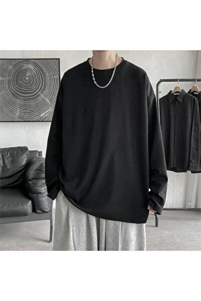 Karakedi Basic Oversize Bisiklet Yaka Uzun Kollu Unisex İnce Sweat Tshirt