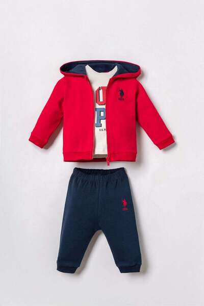 U.S. Polo Assn. U.S. Polo Assn Baby Boy Printed Red Cardigan Set 3-Piece Set Red