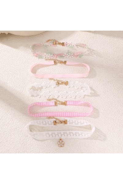 Choice Pink 8pcs/set Cute Floral Ribbon Choker Set – Velvet & Lace Tie Neckla...