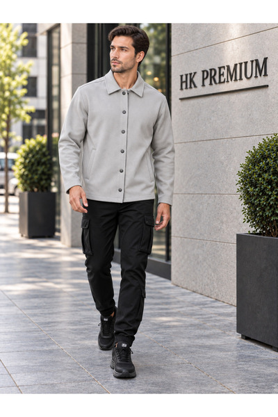 HK Premium Tekstil Erkek Gri Double Face Pike Gömlek Ceket – Regular Fit, Çıt...