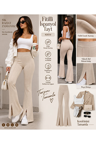 Ravello Collection Krem fitilli ispanyol yırtmaç tayt