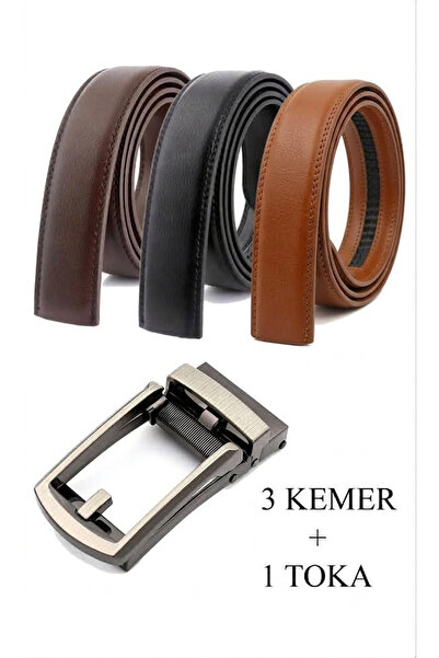 Kemer Dünyası Perforation-Free Leather Smart Men's Belt Set with Automatic Bu...